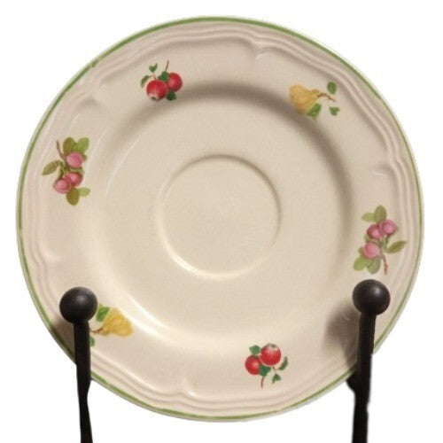 Gibson Designs ORCHARD Saucer 6 ½” D Green Trim Fruit On Rim Cream Background