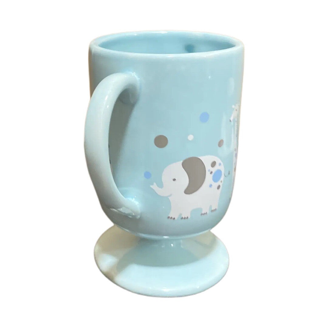Teleflora MIGI Pedestal Mug Baby Boy Blue Cup Two Handle Lion Elephant Giraffe