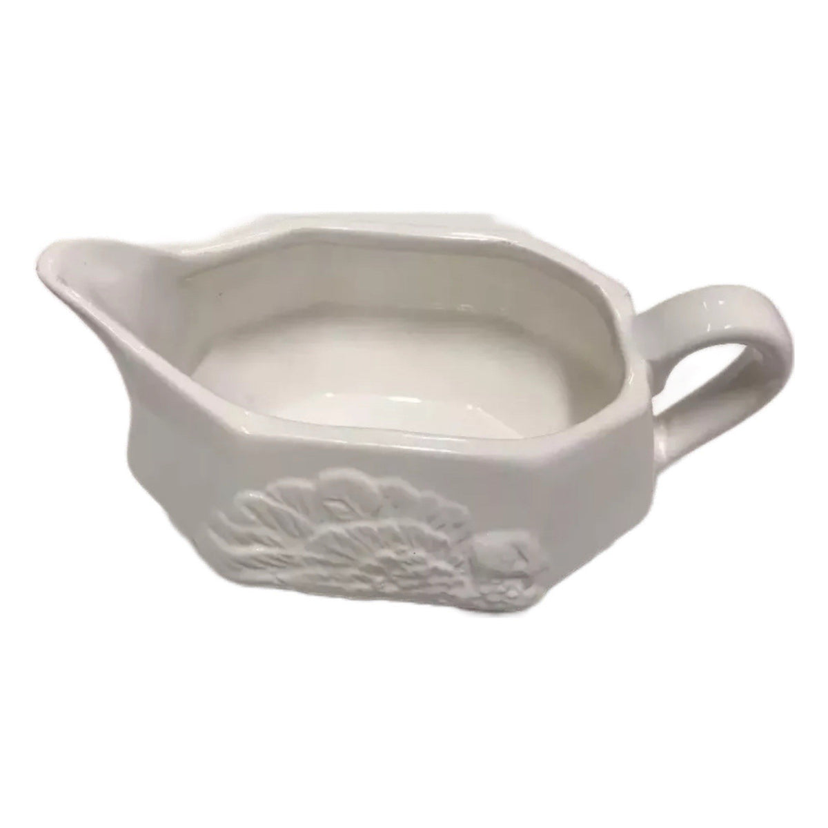 Tabletops Gallery Bountiful Gravy Boat White Embossed Turkey 8” Ceramic