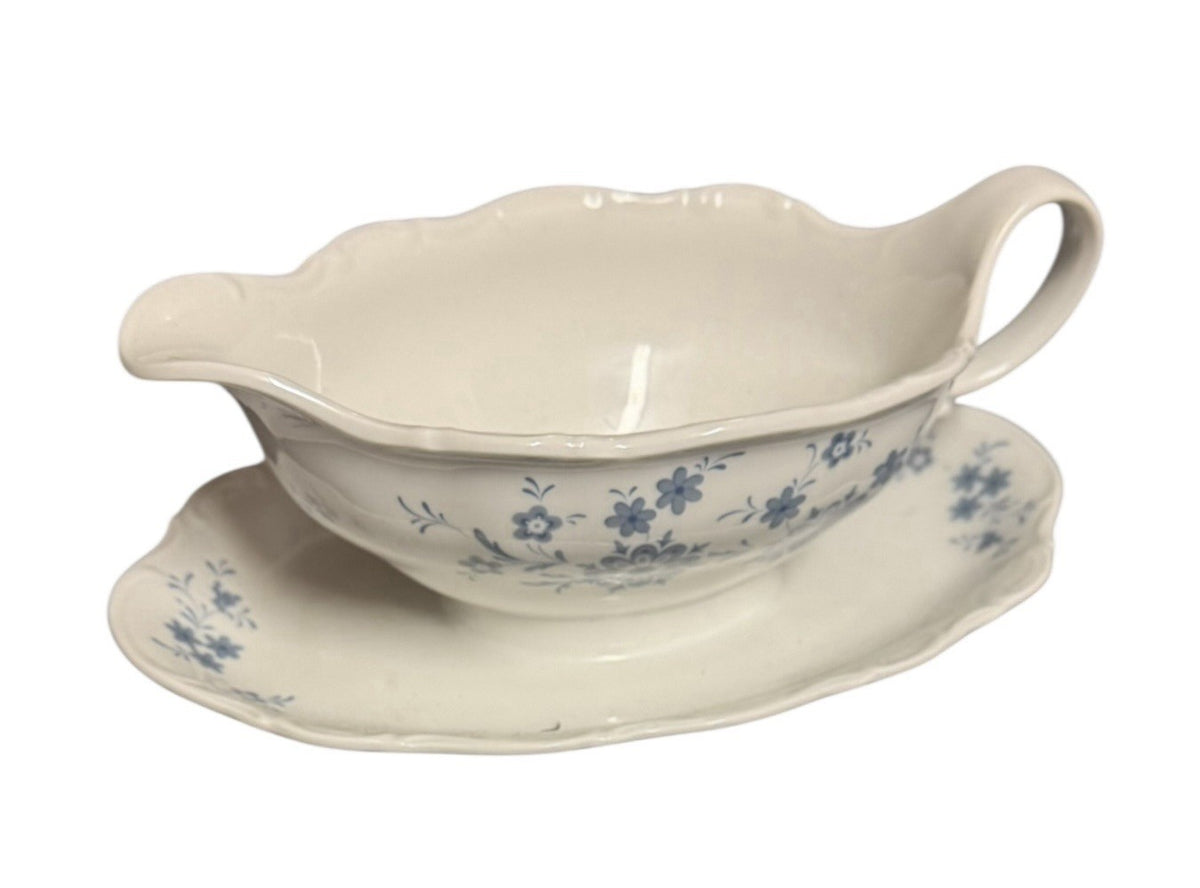 Altmann Bavaria Blue Floral Gravy Boat w/ Attached Underplate Germany Vintage