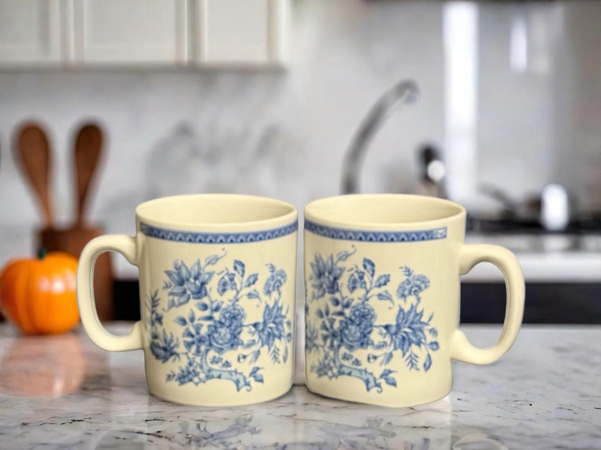 Set of 2 Churchill Indian Tree Blue Floral Mugs England Ironstone 10 oz Cups