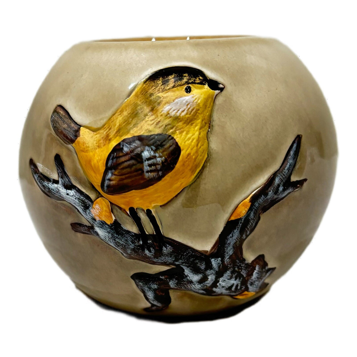 Art Pottery Tealight Candle Holder 3D Yellow Bird on Branch Round Ceramic No Lid