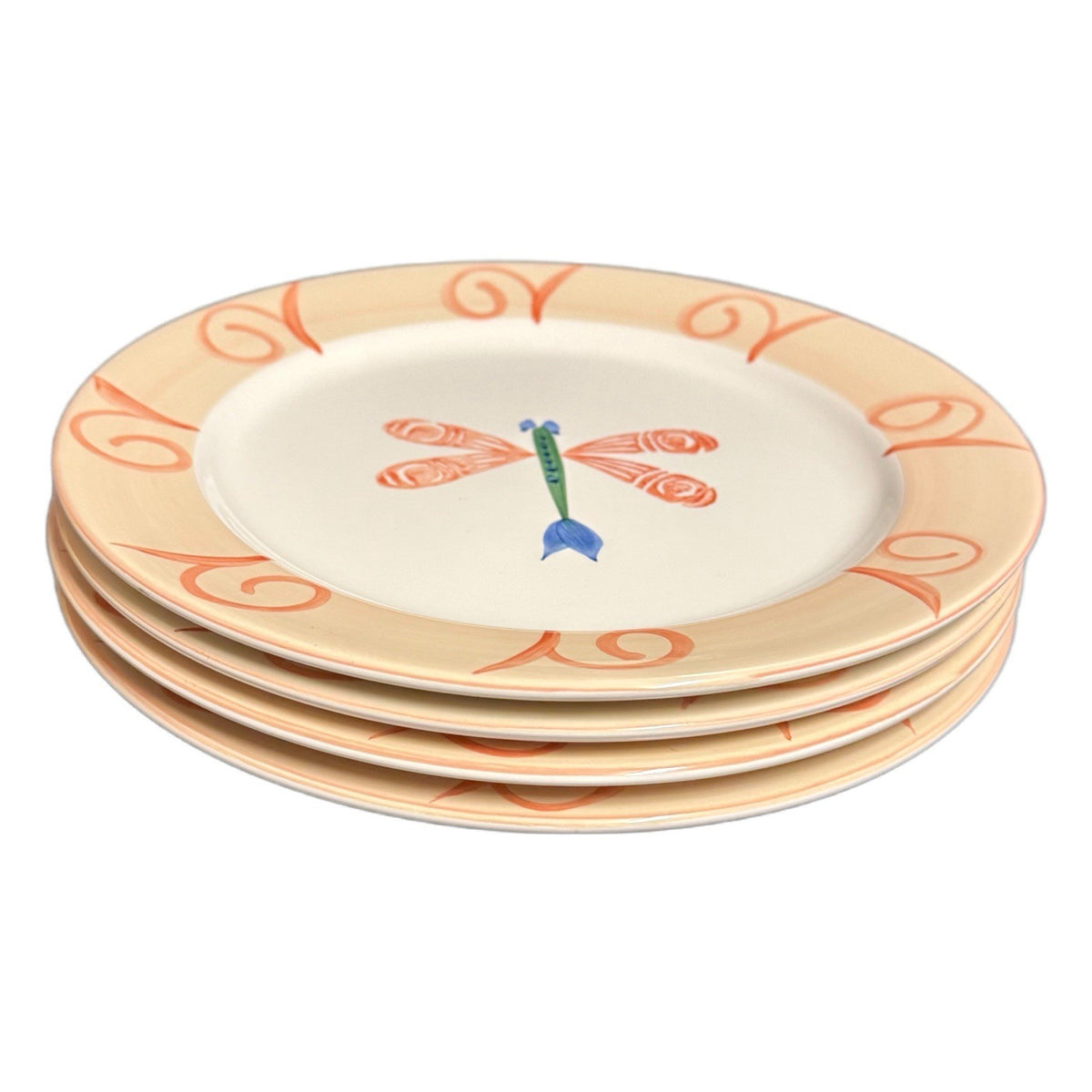 Retroneu DRAGONFLY 4-Dinner Plates Hand Painted Orange Blue White Round Ceramic