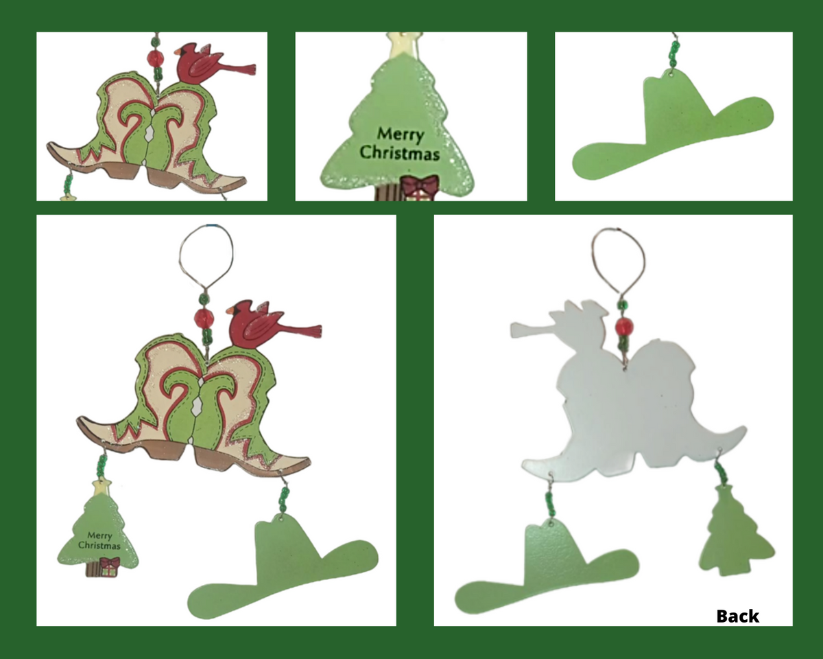 Cowboy Boots With Christmas Tree & Hat Hanging Metal Ornament 5 1/2"