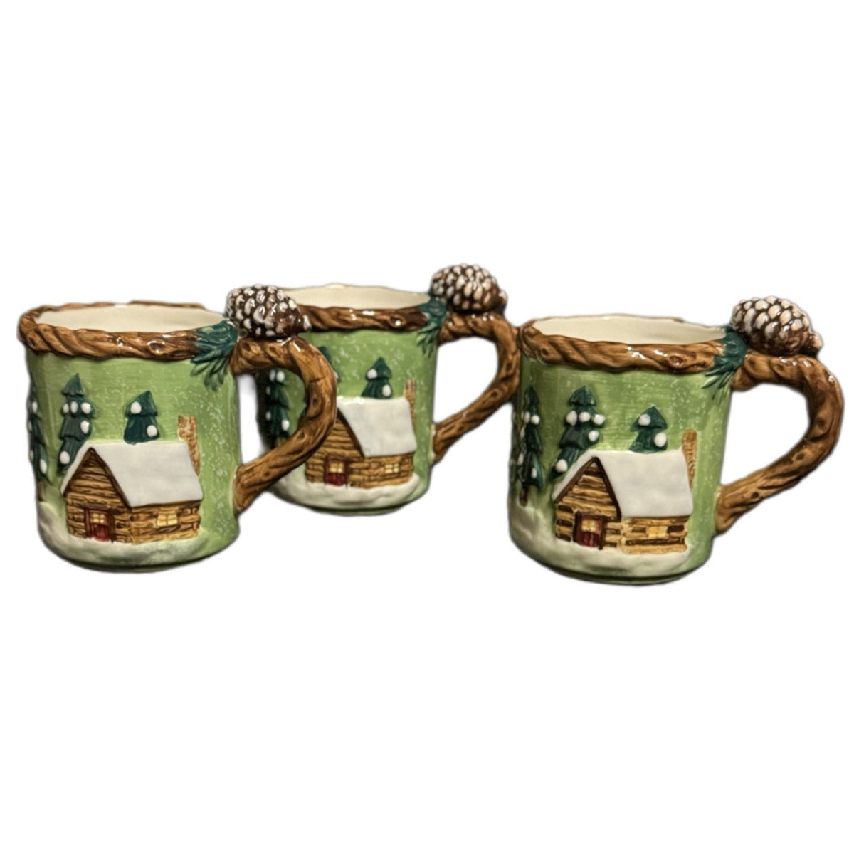 BICO 3D Holiday Teapot w/ 3 Mugs Moose Bear Pine Cone Lid Christmas Cabin Decor