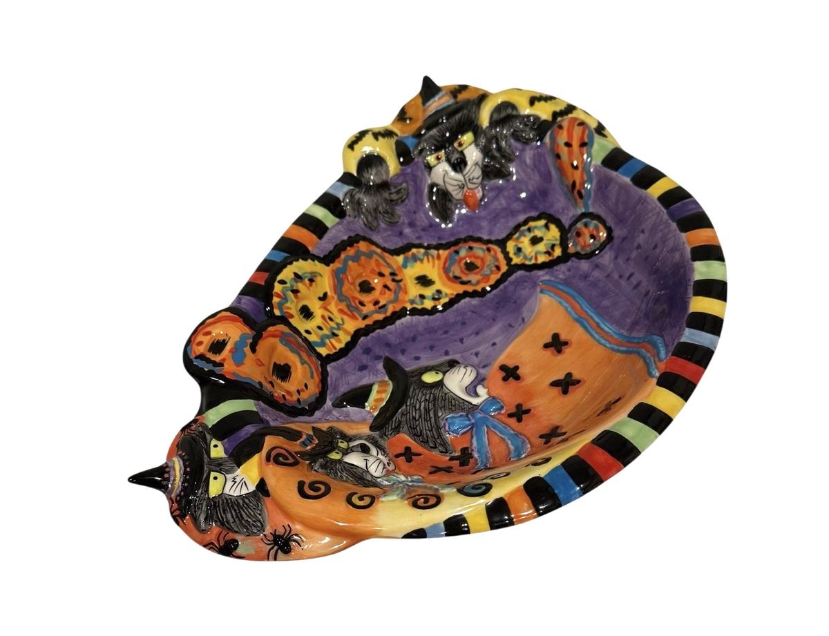Fitz and Floyd Kitty Witches Halloween Cat Bowl Large 14” Handcrafted Ceramic