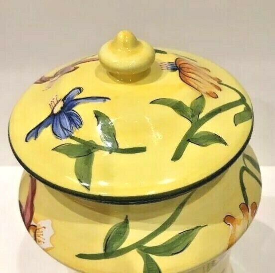 Nonni's Biscotti Cookie Jar & Lid Handmade Ceramic Floral Yellow Canister 12.5"H