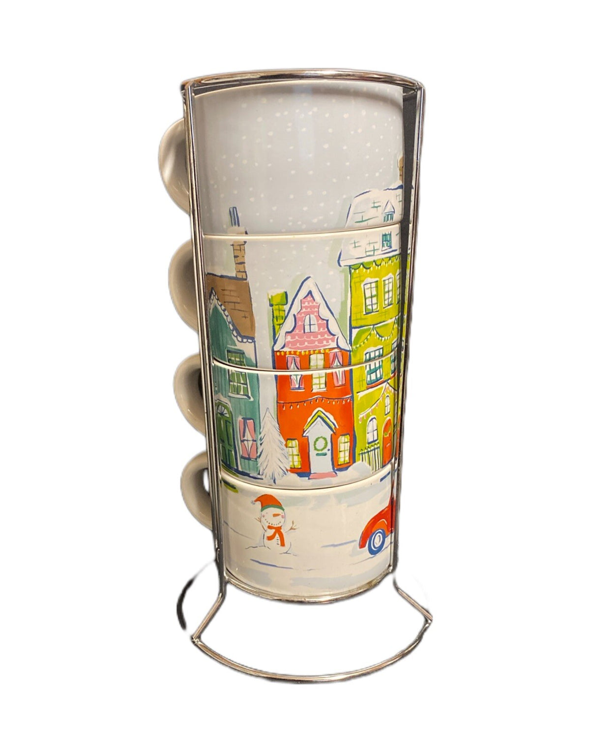 Pier 1 Imports Stackable Mugs Set of 4 Christmas Winter Village Scene w/ Stand