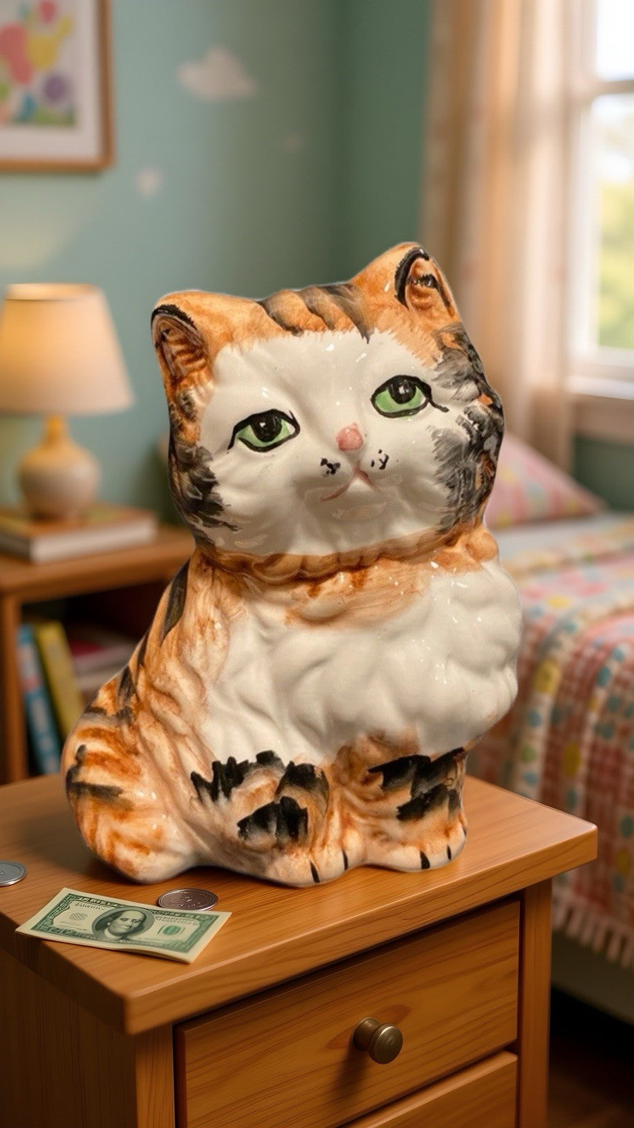 Vintage Ceramic Calico Cat Kitten Kitty Coin Piggy Savings Bank With Stopper