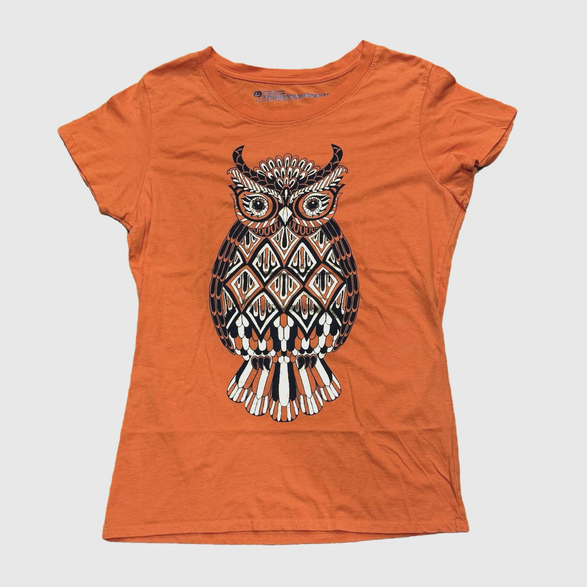 Owl Embellished Sequin Beaded Orange Graphic Tee Women Girls M 8-10 Casual Top