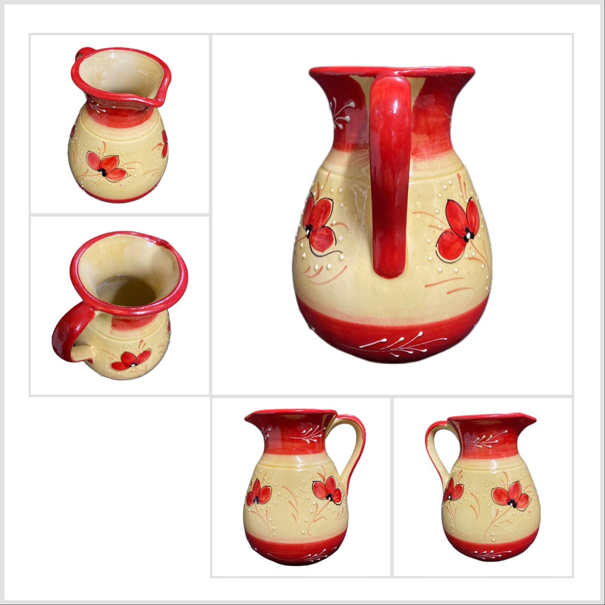 SPAIN Pitcher  HNOS. PEDRAZA Ceramic Spanish Textured Red White Yellow Vase
