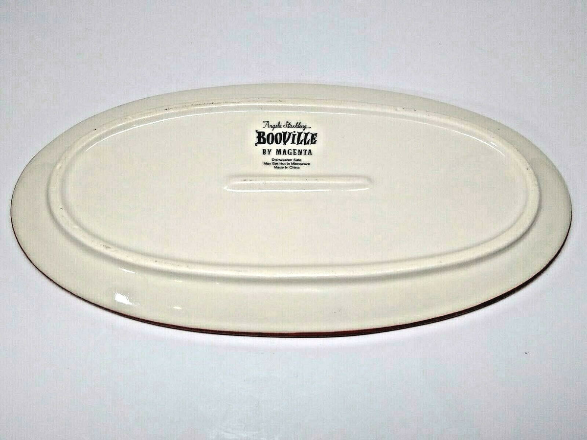 Angela Stachling Oval Plate Booville Magenta Ceramic Christmas Platter 11 7/8”L