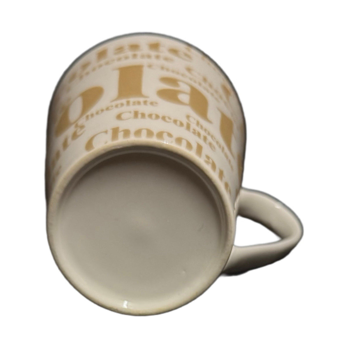 Chocolate Mug White Coffee Hot Cocoa Cup 10 oz Tan Brown Typography Letters