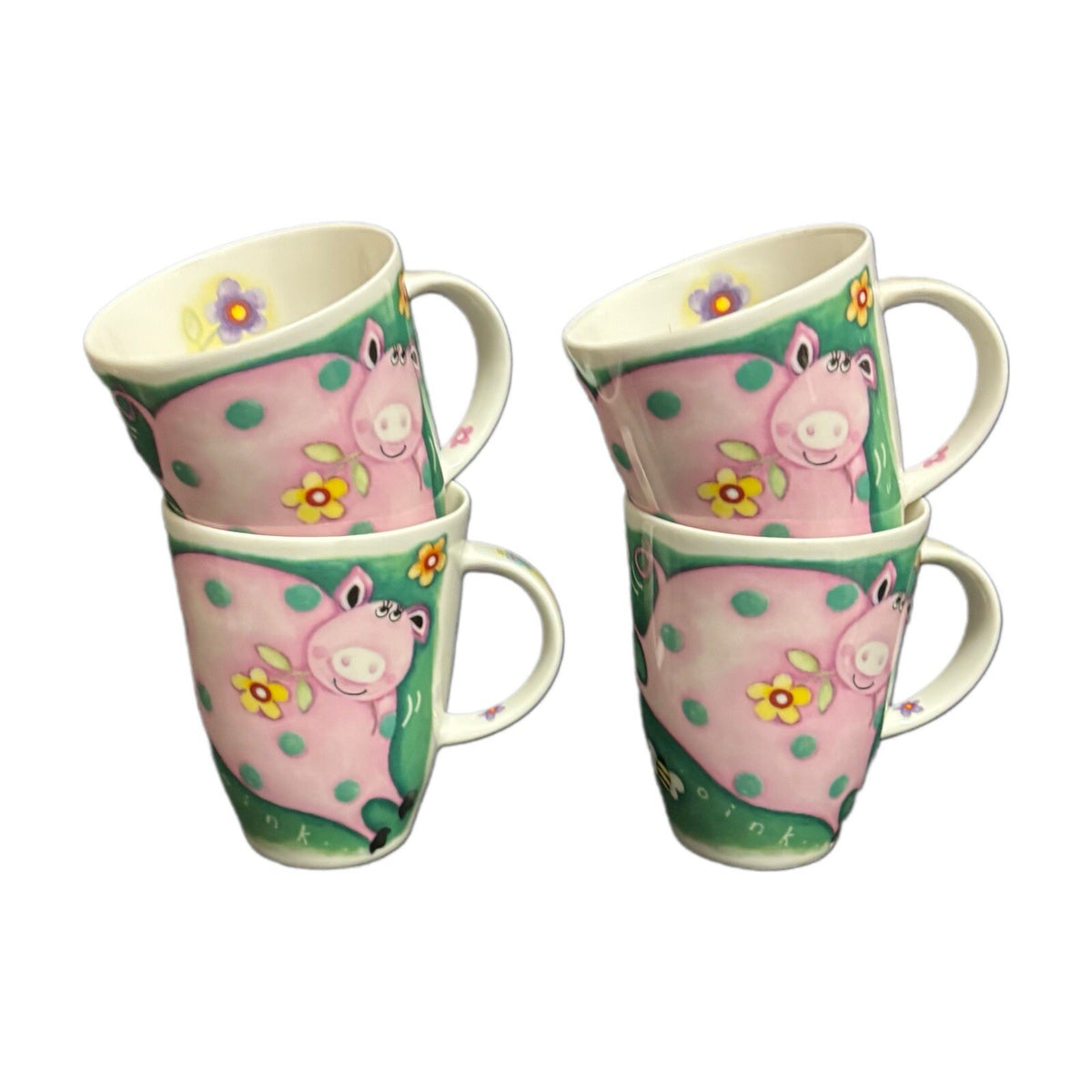 Roy Kirkham 4-Mugs COUNTRY CAPERS Farm Pig  Birds Floral OINK Bone China England
