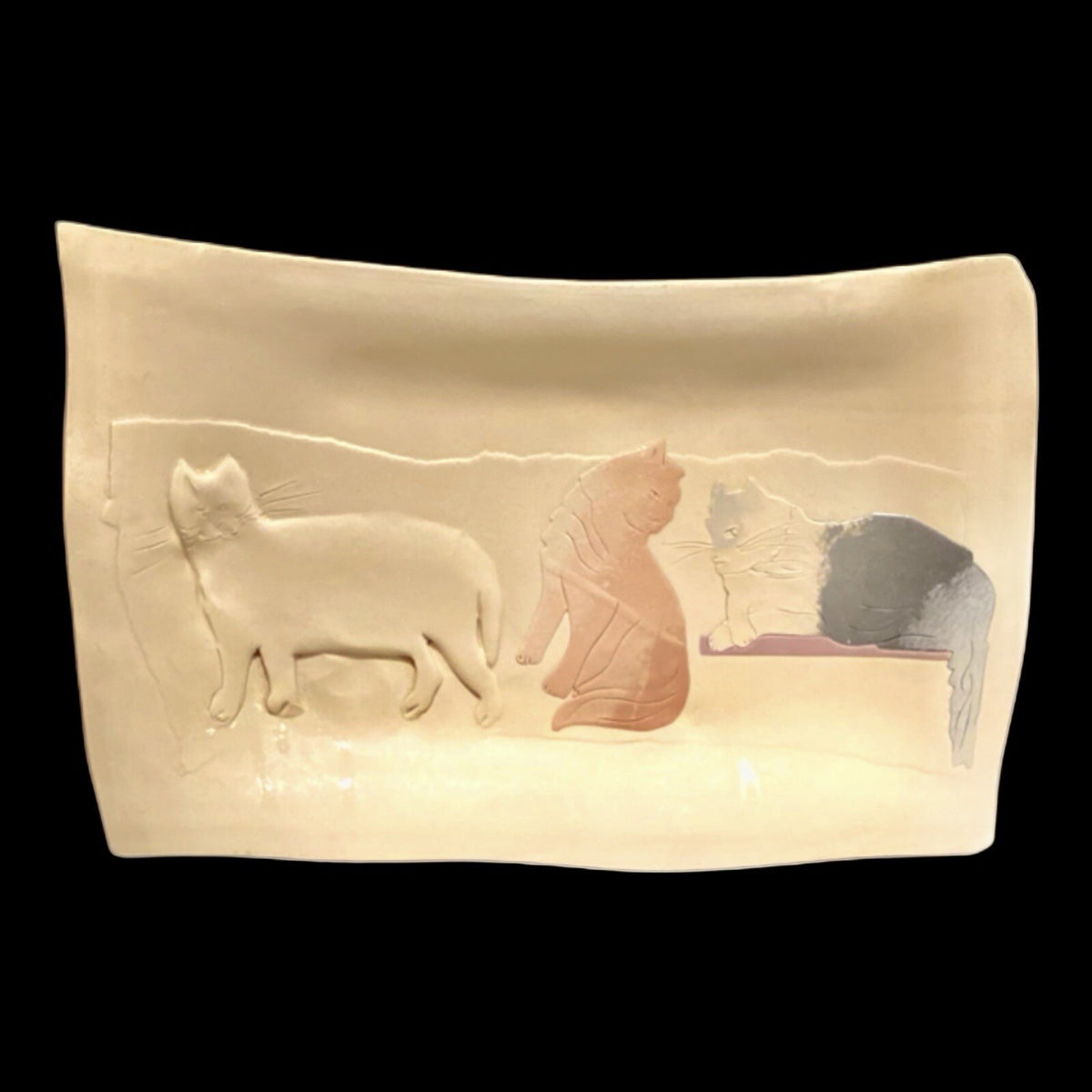 Vintage Raised Cats Platter Signed KAMRASS KIOK Embossed Clay NYC Studio Pottery