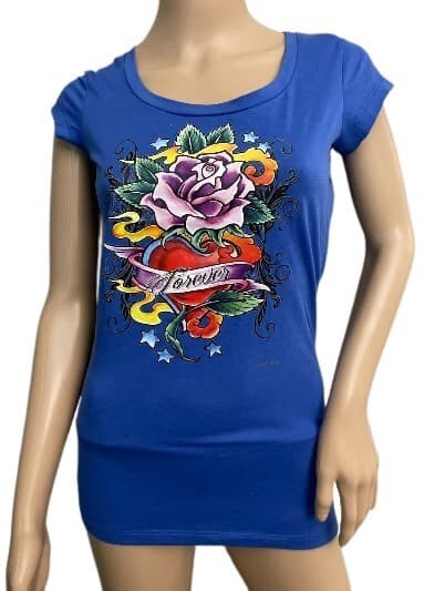 Dots T-Shirt Forever Woman Blue Top Cap Sleeves SM. Floral