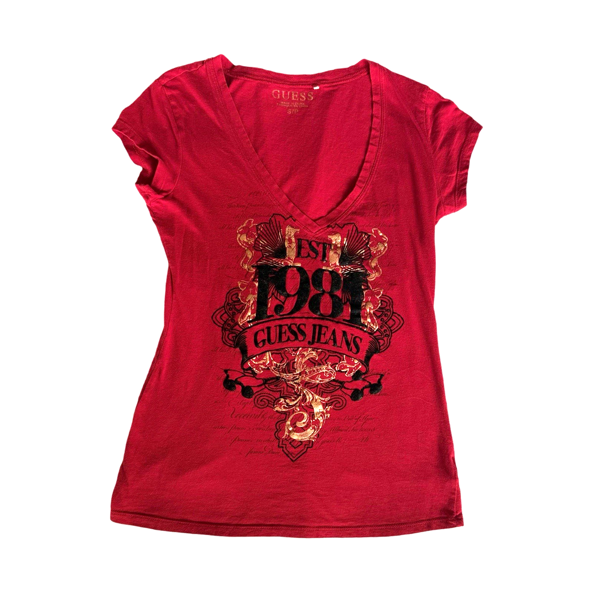 Guess Jeans EST 1981 Red V-Neck Graphic T-Shirt Women’s Small Gold Foil Logo