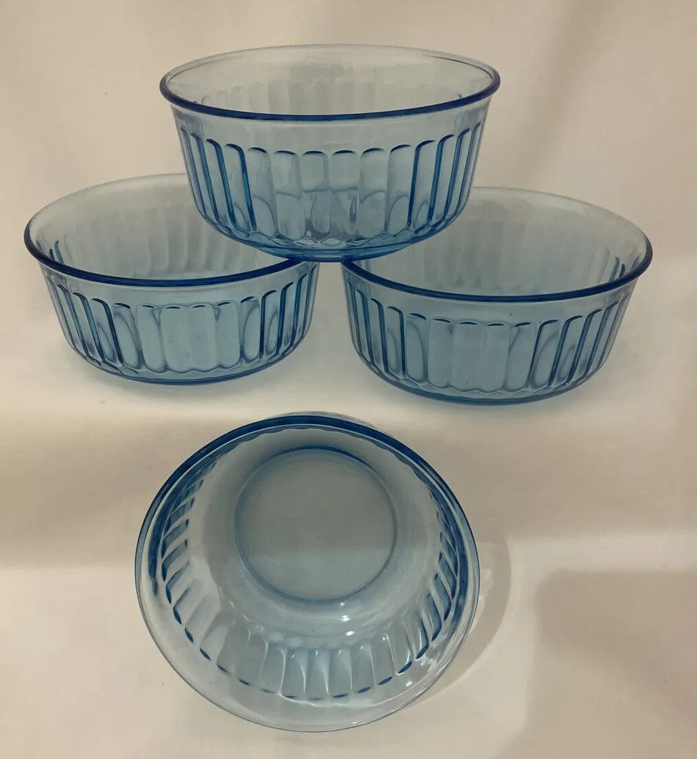 Vintage Fortecrisa Blue Azure Ice Blue 4 Glass Ribbed Bowls Mexico Forte Crisa