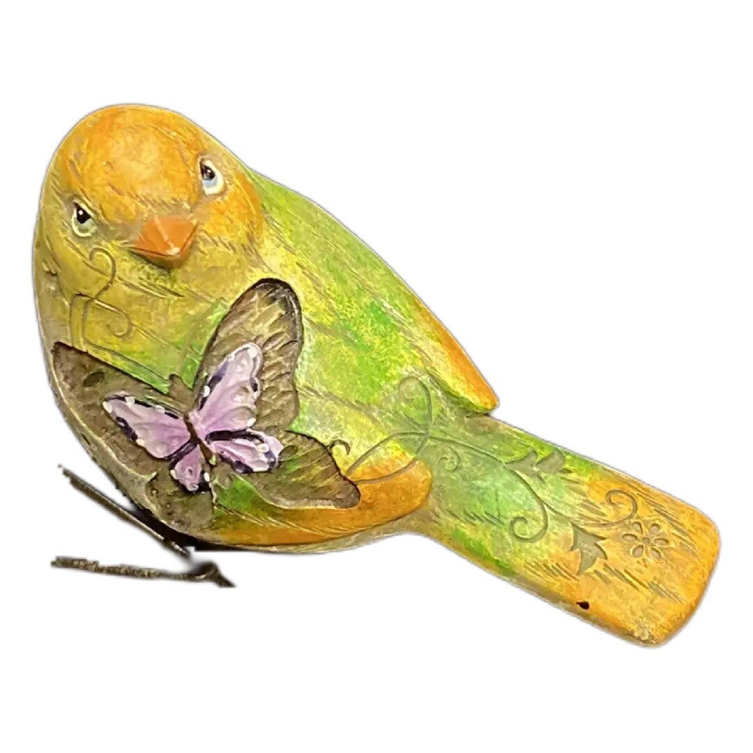 Hand Painted Ceramic Bird Figurine with Butterfly | Green Yellow Metal Accents