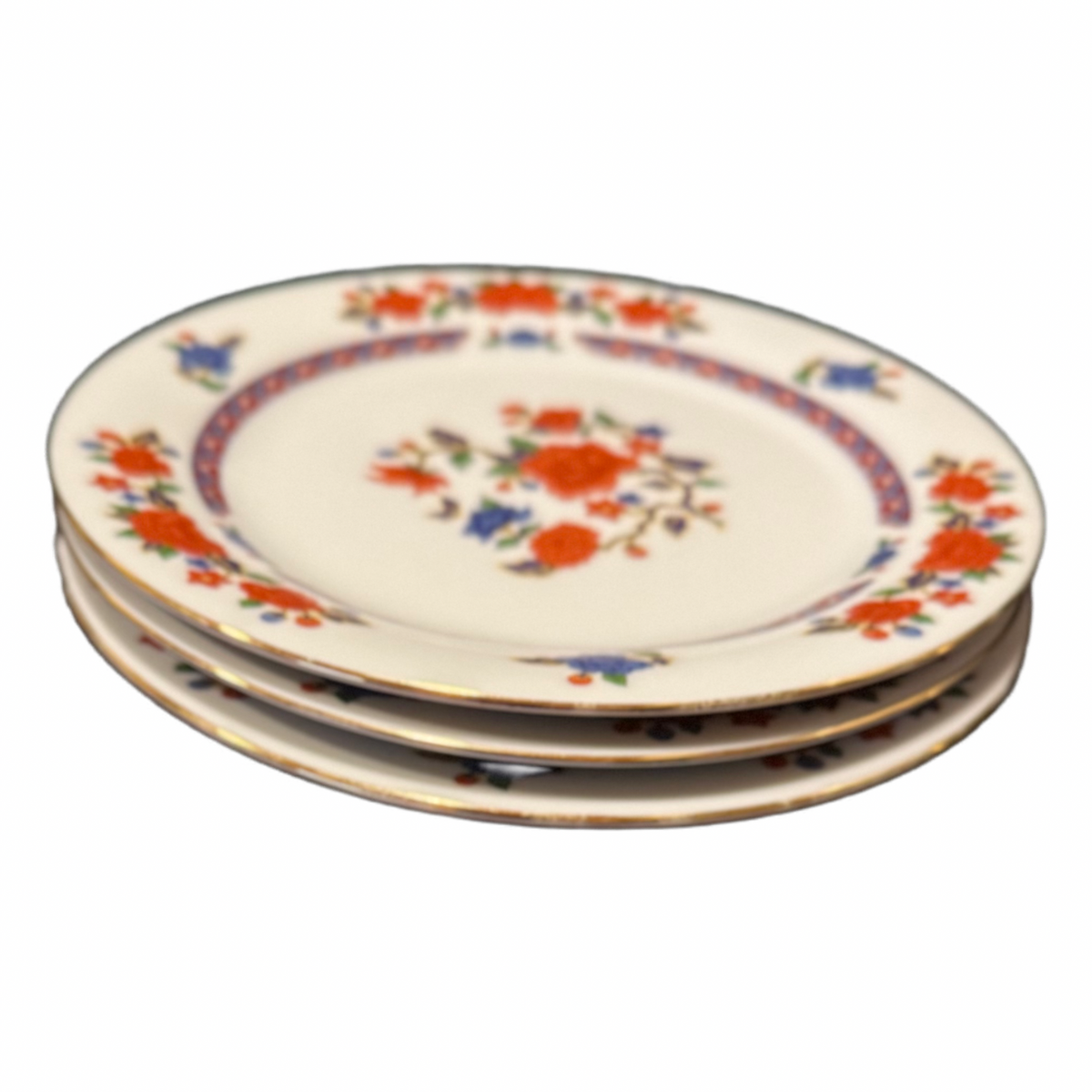 3 CROWN MING OLD IMARI Salad Plates 7.5” Jian Shiang China Faded Gold Trim