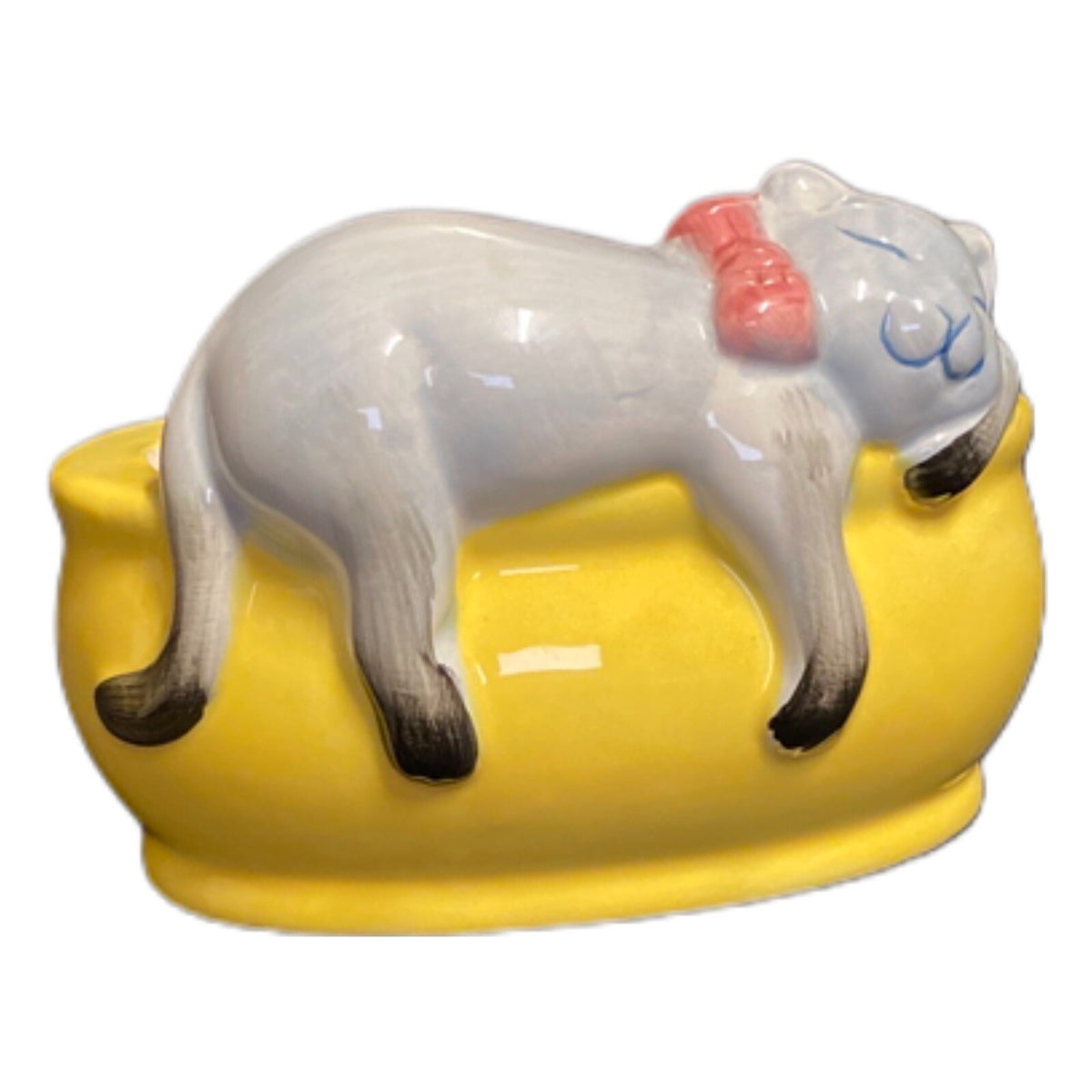 Ceramic Oval Yellow Planter Kitten Sleepy on Edge Cat Bluish Gray Meow Pink Bow