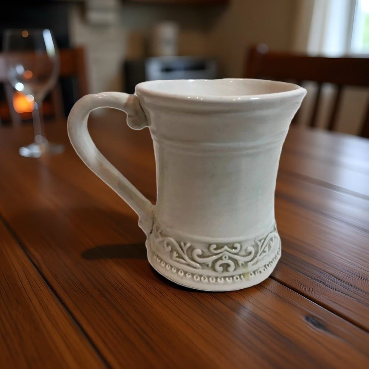 Home Essentials Valencia Coffee Mugs Set of 2 Embossed Rustic Scroll Cream