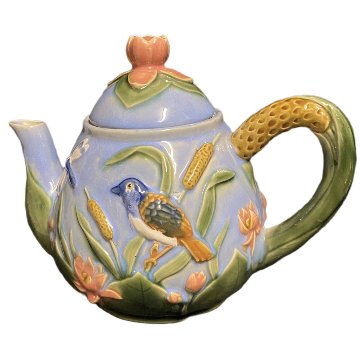 MAJOLICA Teapot Dragonflies Birds Lotus Blossom Flowers Blue Pottery Embossed