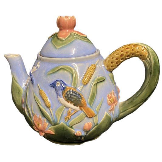 MAJOLICA Teapot Dragonflies Birds Lotus Blossom Flowers Blue Pottery Embossed