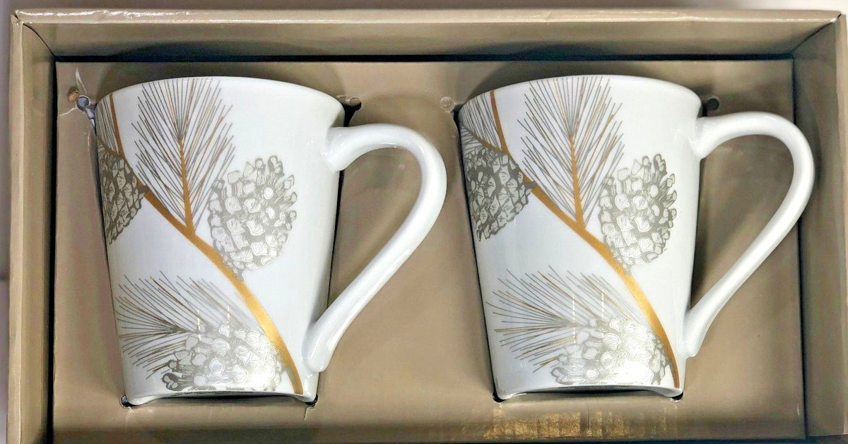 St Nicholas Square Pinecone Mugs Set of 2 Gold Silver White Holiday Winter Cups