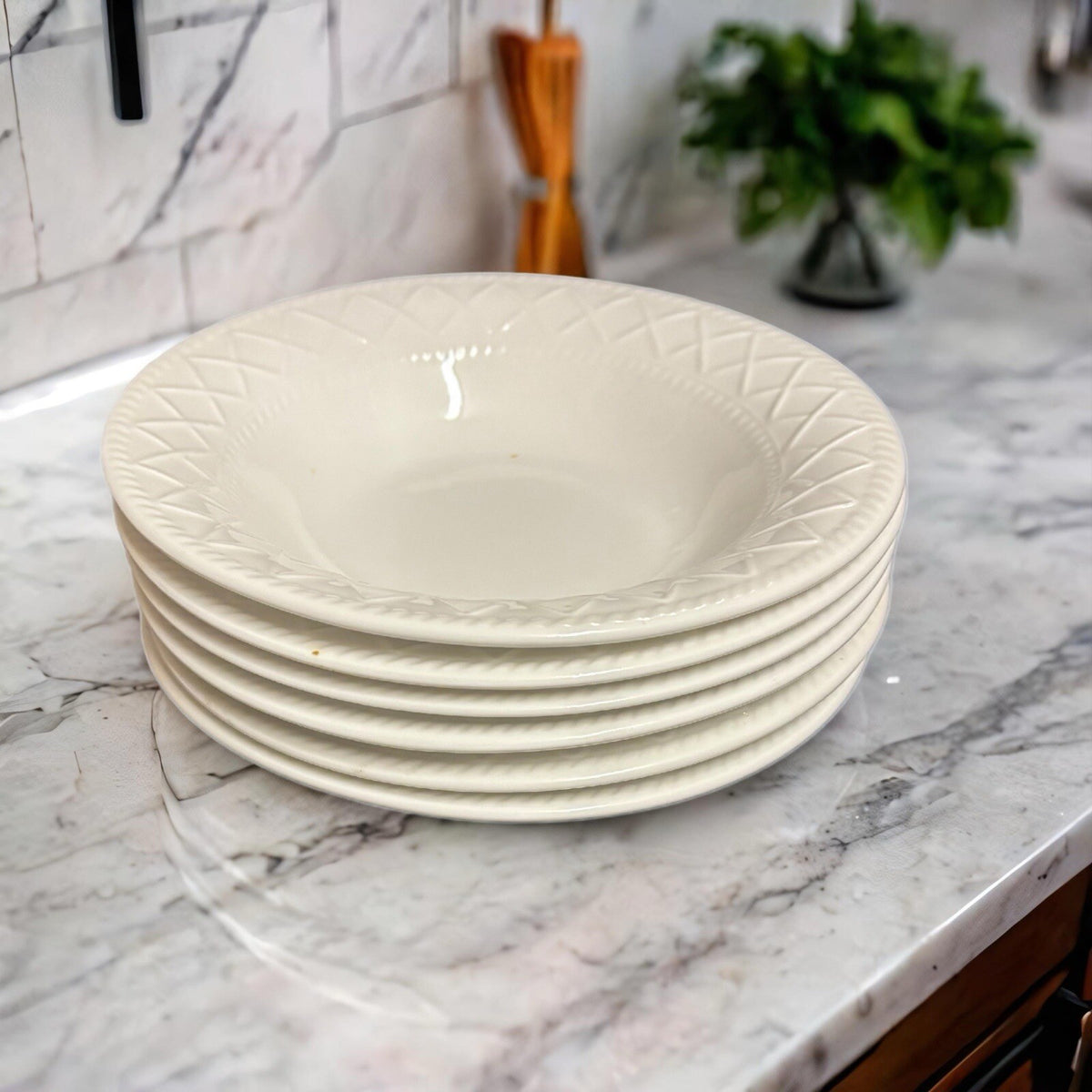 TOTALLY TODAY 6-Cereal Bowls All White Embossed Criss-Cross Border Ceramic Dish