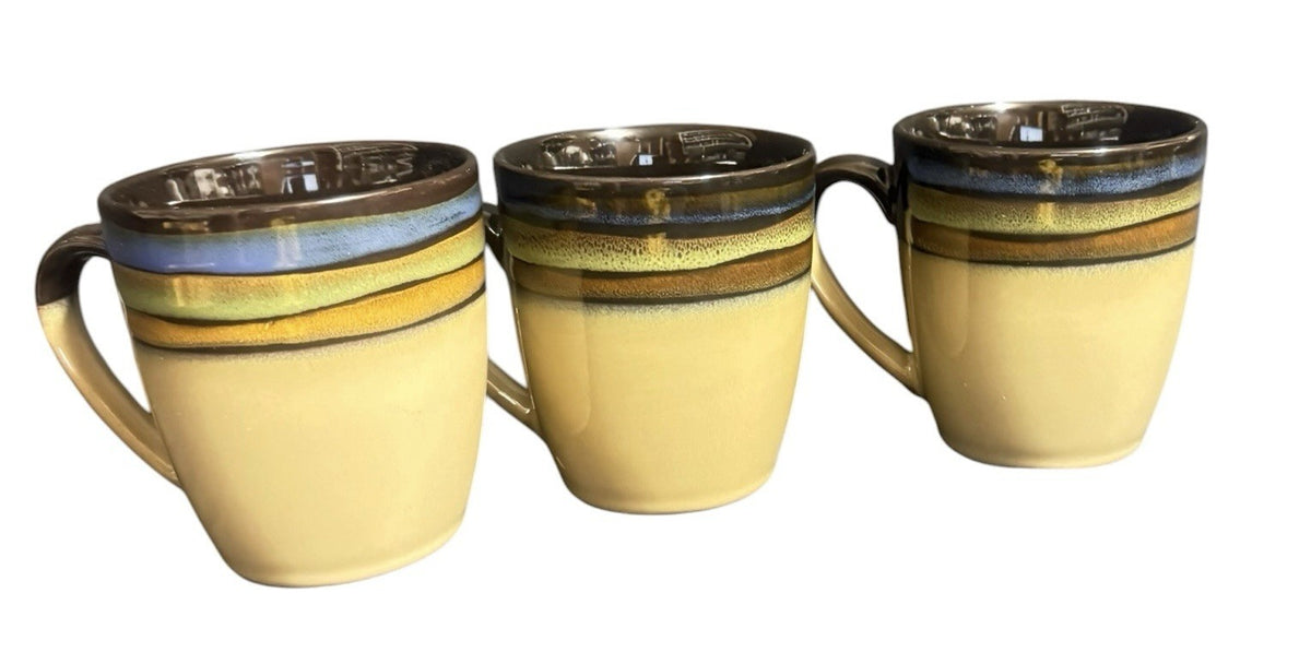 Pfaltzgraff Galaxy Stoneware Coffee Mugs Set of 3 Tan Multicolor Striped 12 Oz.