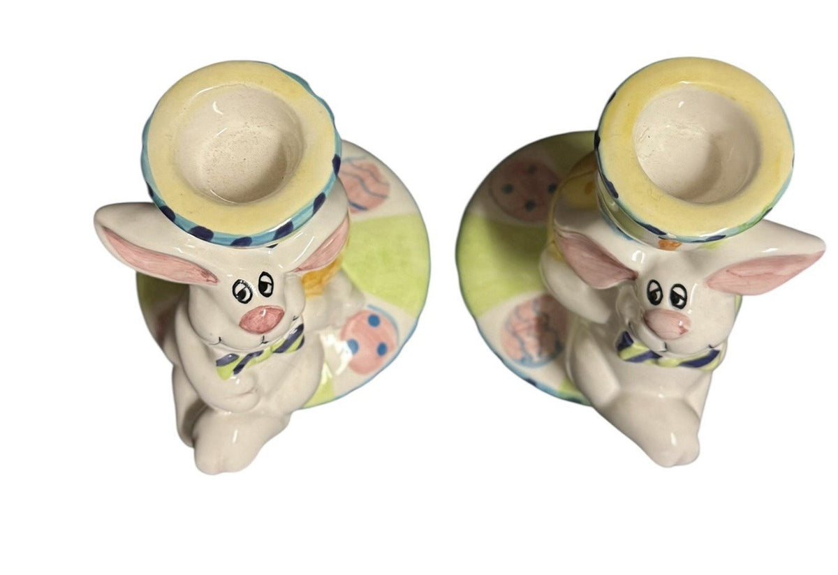Bazaar Inc World Bunny Rabbit Candle Holders Easter Pair Ceramic 4.1/8”