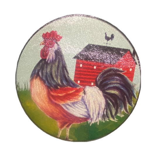 Glass Rooster Cutting Board Trivet Red Barn Farm Round 7 5/8” D Kitchen Decor