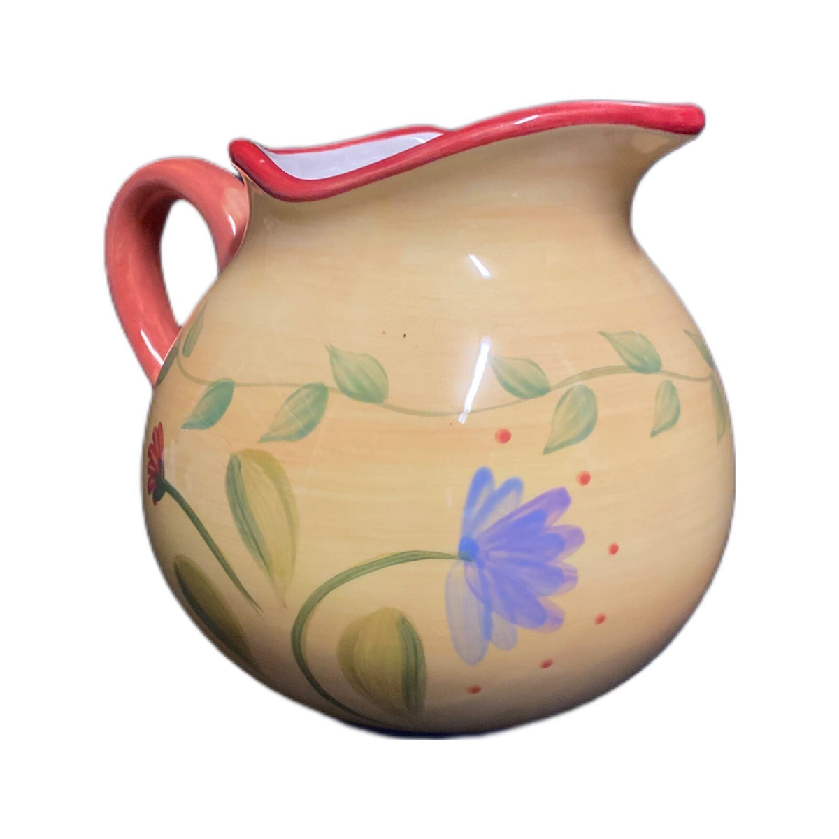 Pfaltzgraff NAPOLI Creamer Hand Painted Yellow Stoneware Floral Red Trim Pitcher