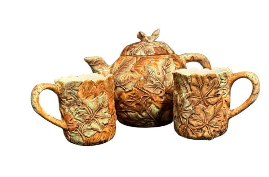 Rare Ceramic Teapot with Lid & 2 Mugs Embossed Autumn Leaves Coffee Tea Set