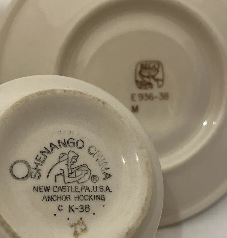 Shenango China Cups & Saucers 4-Laurel Red Gold Embossed USA Restaurant Ware
