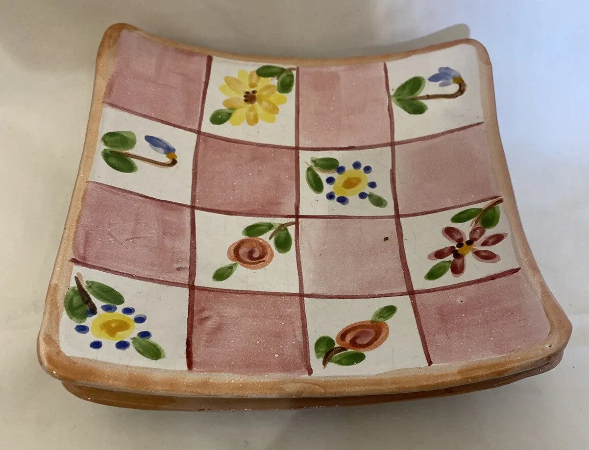 Rare Hand Painted And Signed 4-Square Salad Appetizer Tapas Clay Plates 6 3/4"SQ
