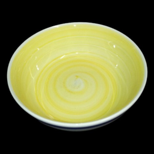 Gibson Designs TAVERNWARE YELLOW 2-Fruit Bowls 5 5/8”D Yellow Band Blue Rings 