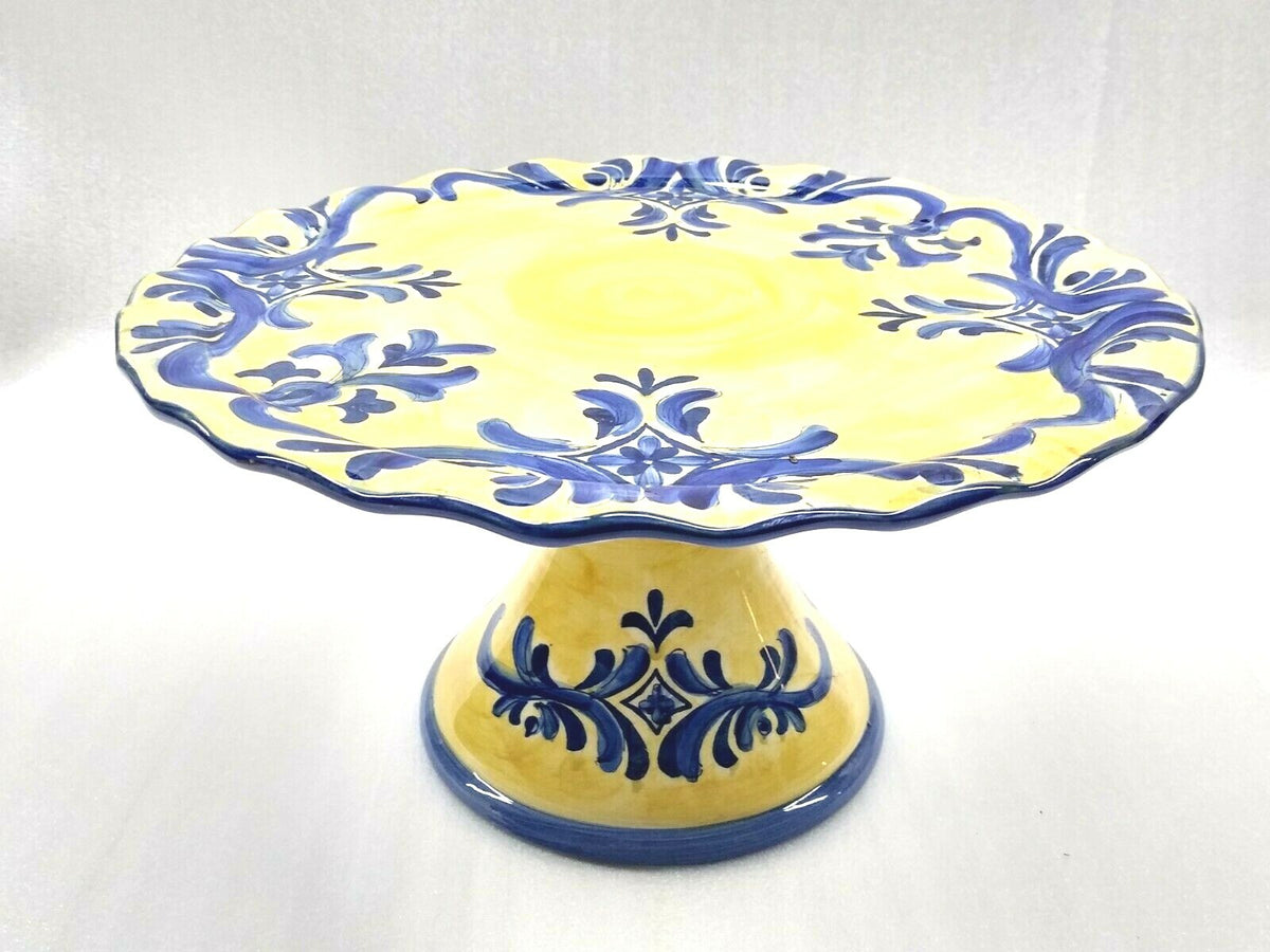 Classic Round Yellow Blue Ceramic Pedestal Cake Cupcakes Scalloped Serving Dish