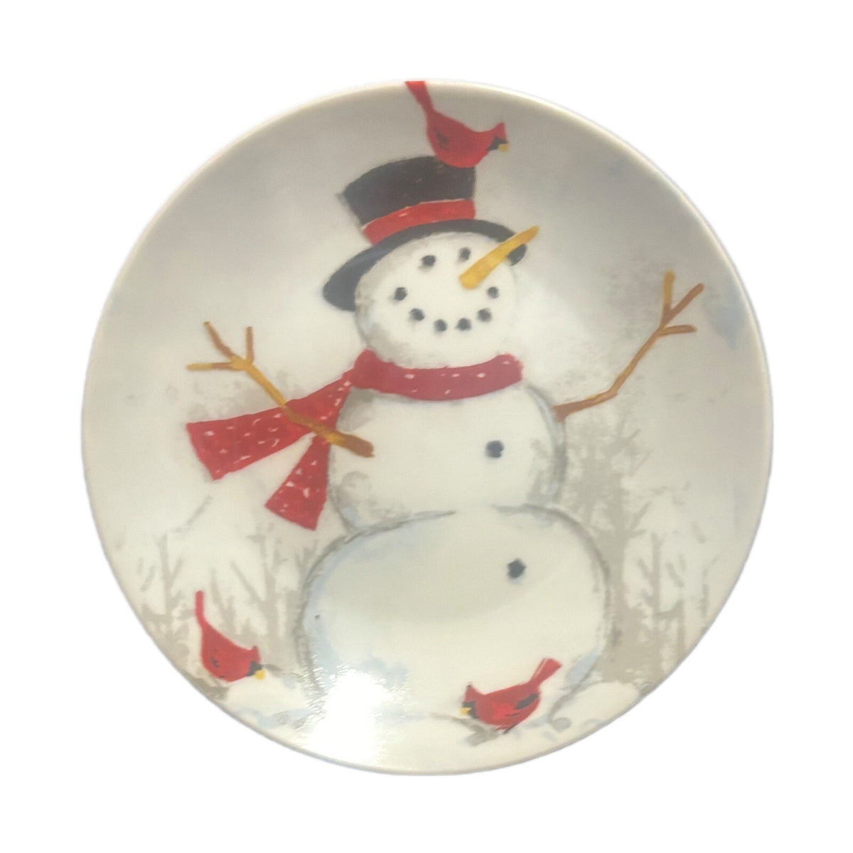 222 FIFTH WINTER CHEER 4-Appetizer Plates Holiday Christmas Snowman Cardinal Red