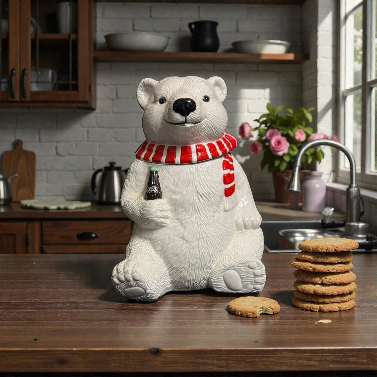 Vintage 1994 Coca-Cola Polar Bear Cookie Jar w/ Scarf & Coke Bottle