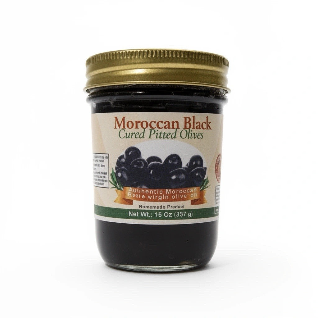 Moroccan Sun Cured Black Olives (No Pits) in Extra Virgin Olive Oil 8 Oz