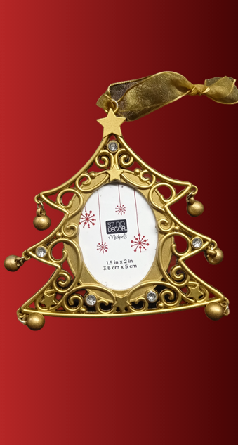 Golden Frame Christmas Tree Shaped Embellished Stones Photo Hanger Star & Balls