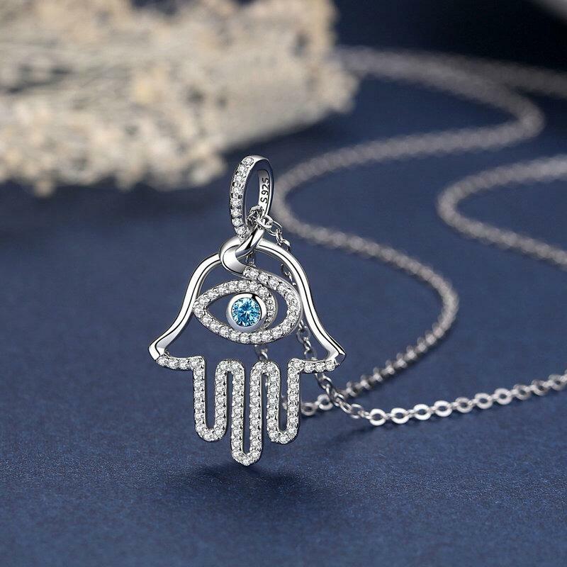 Necklace Charm Hand of Fatima Hamsa Eye Aqua Blue Stone Sterling Silver Khamsa