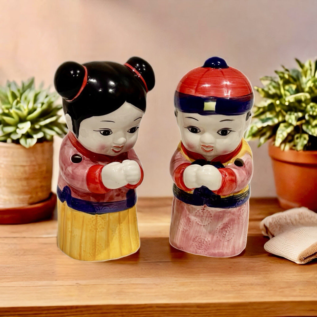 Vintage Tiki Mugs Set – Figural Chinese Boy & Girl – Ceramic Statue Cups