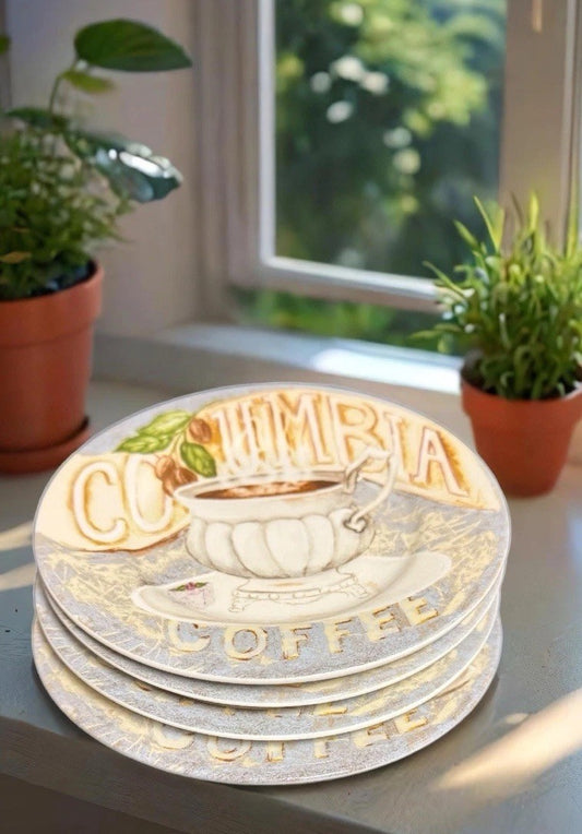 American Atelier COLUMBIA 4 Salad Plates Assorted Coffee Team Dessert Porcelain