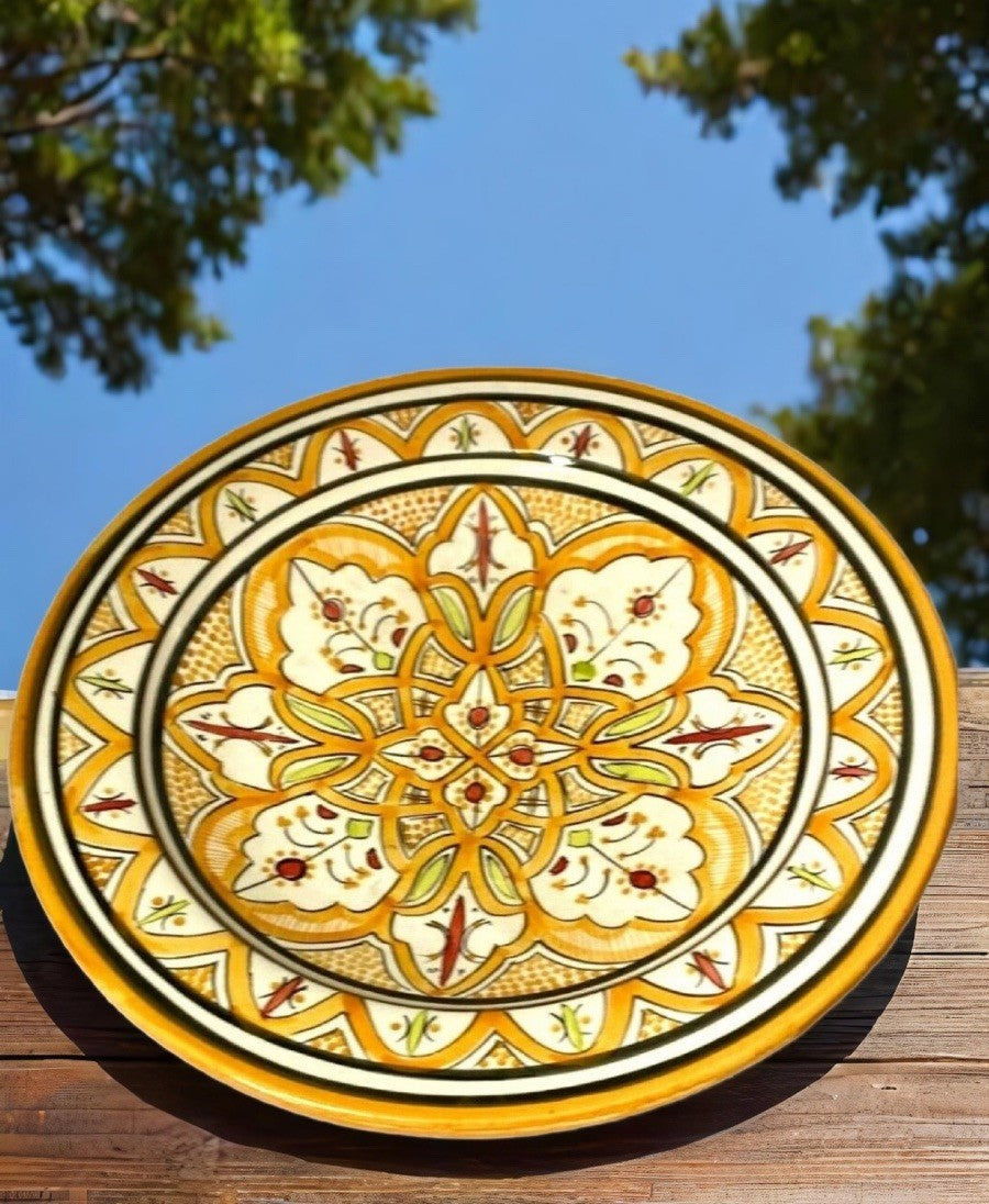 Orange Moroccan Hand Painted Geometric Floral Terracotta Serving Platter 13 5/8”