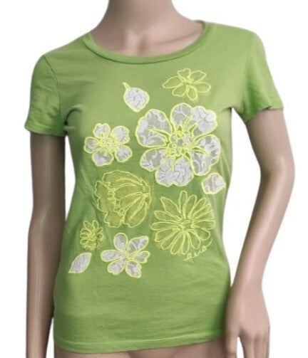 Aeropostale T-Shirt Floral Woman Cotton Top Crew Neck Md. Green Tee