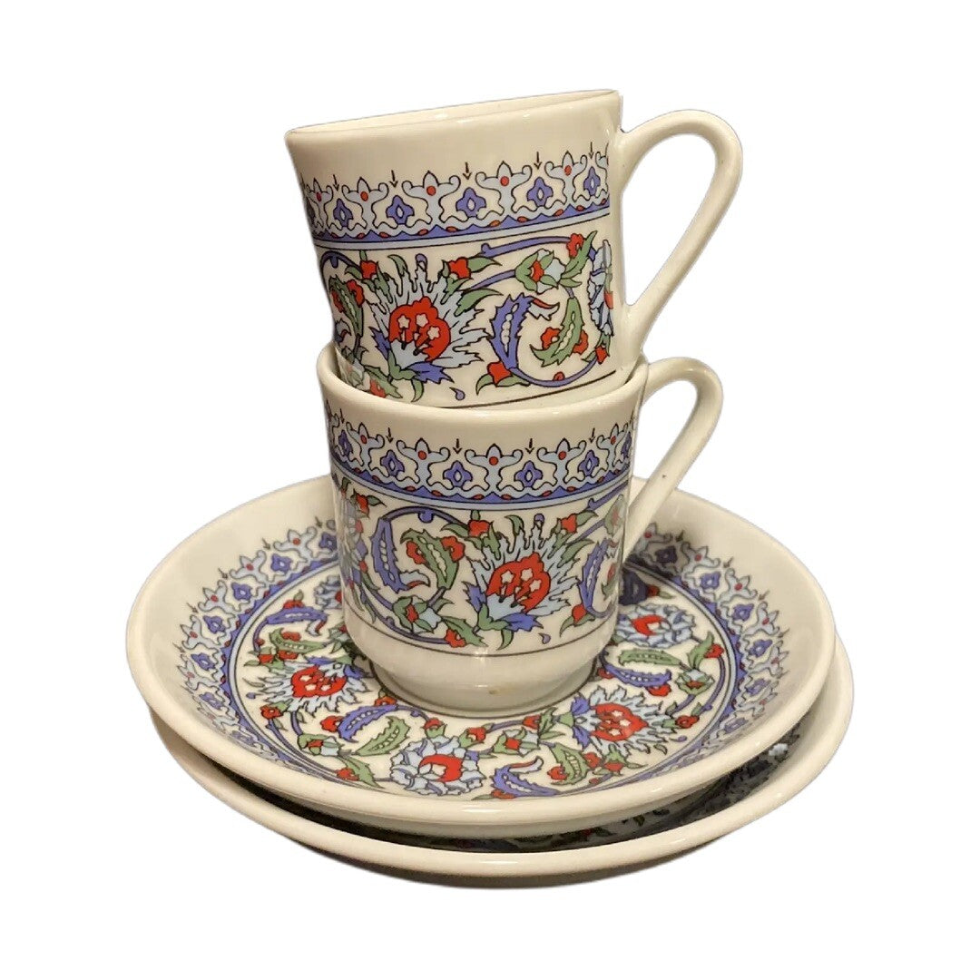 Turkish Coffee Espresso Cups & Saucers Set of 2 Floral Geometric Porcelain