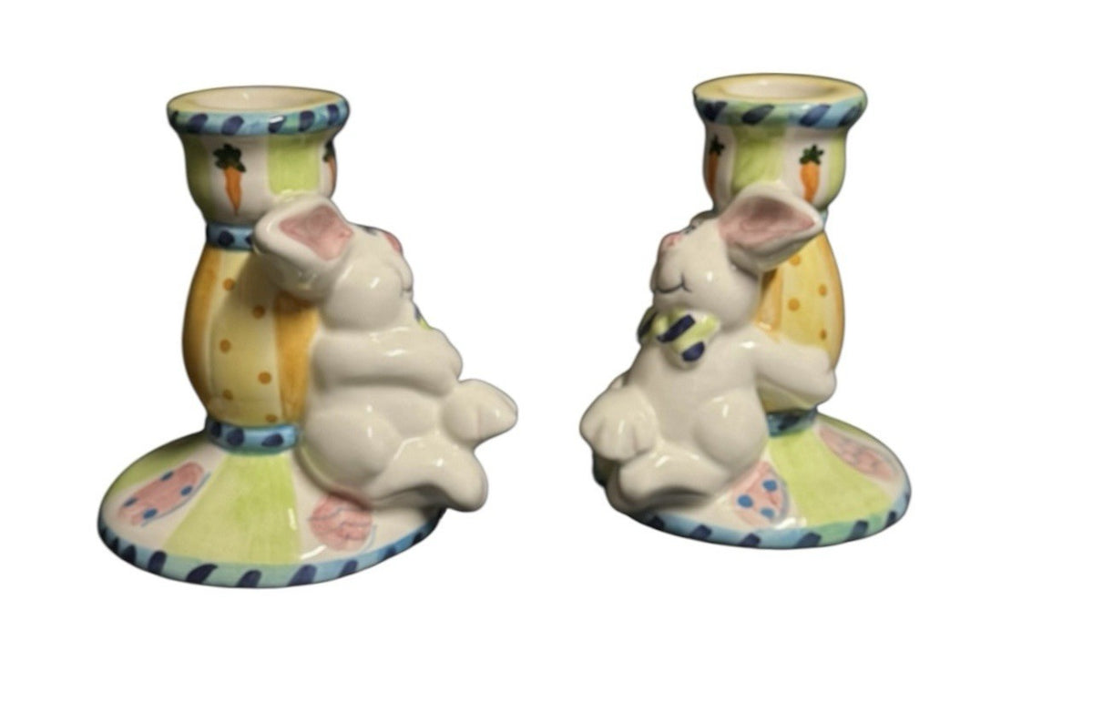 Bazaar Inc World Bunny Rabbit Candle Holders Easter Pair Ceramic 4.1/8”